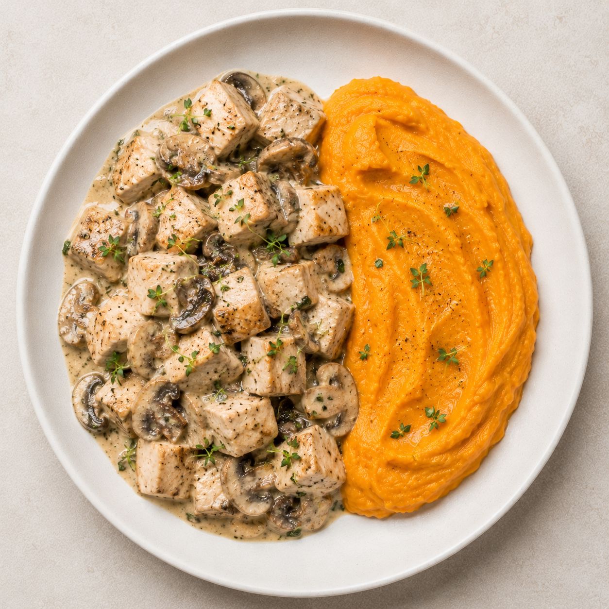 Pollo con crema de hongos y cremoso de batatas